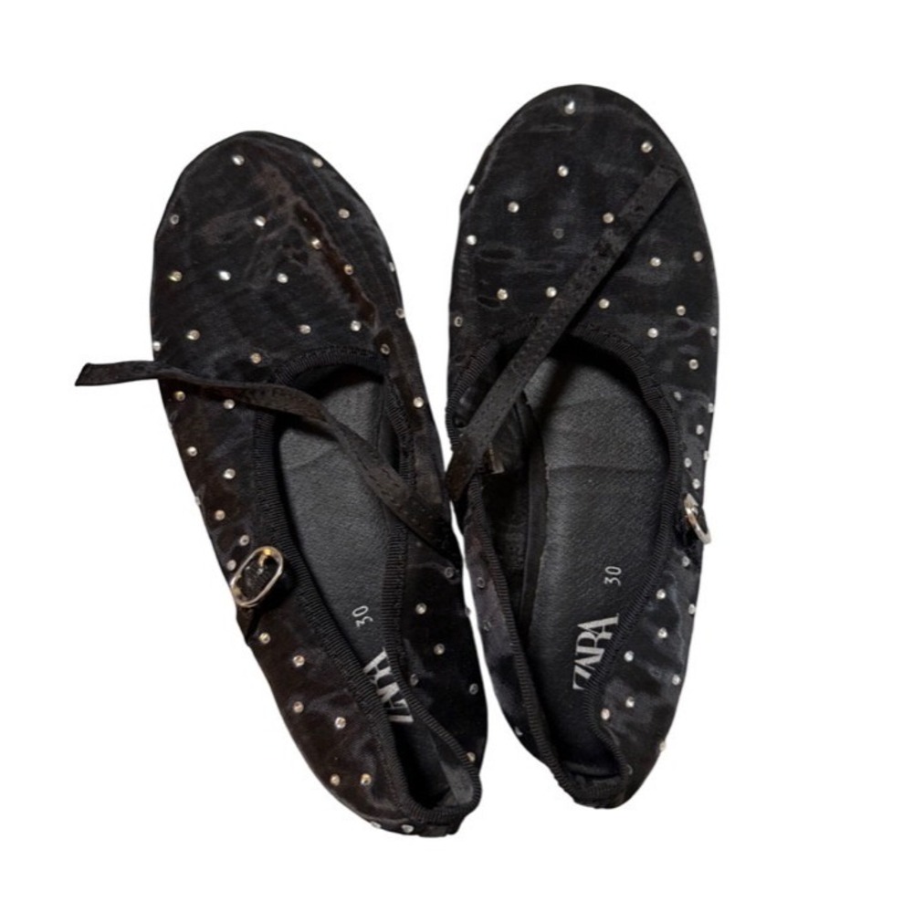 Zara Size 12 Girl Ballet Flat Strap Black Mesh Rhinestone Crystal Ballet Flats